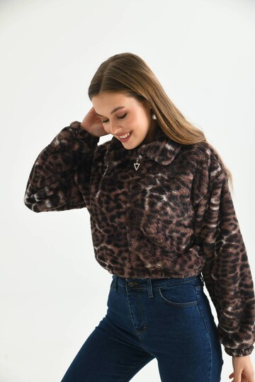 Purple Leopard Pattern Crop Plush Coat