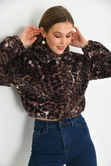 Purple Leopard Pattern Crop Plush Coat