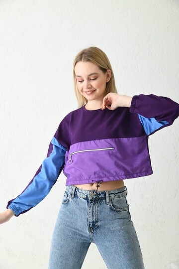 Purple Front Zipper Pocket Detailed Sweatshirt