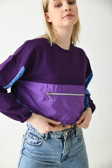 Purple Front Zipper Pocket Detailed Sweatshirt