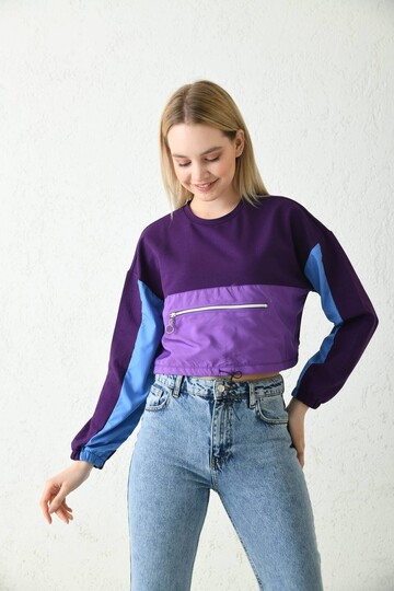 Purple Front Zipper Pocket Detailed Sweatshirt