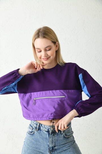 Purple Front Zipper Pocket Detailed Sweatshirt