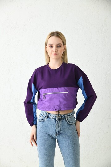 Purple Front Zipper Pocket Detailed Sweatshirt