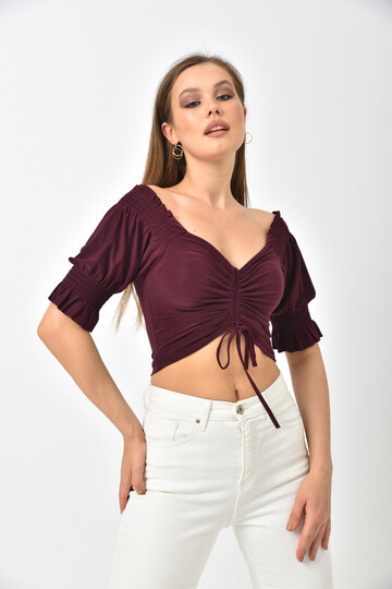 Plum Front Pleated Collar and Sleeve Elastic Detailed Crop Blouse