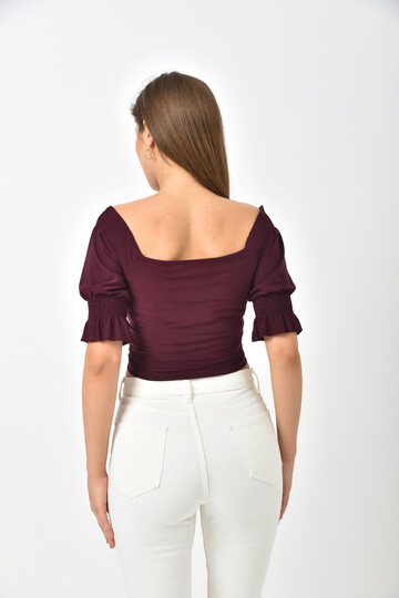 Plum Front Pleated Collar and Sleeve Elastic Detailed Crop Blouse