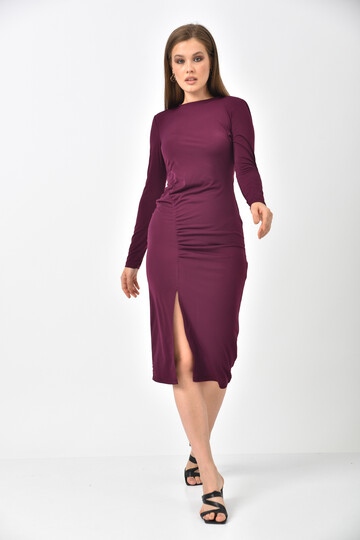 Plum Back Detail Front Pleated and Slit Dress