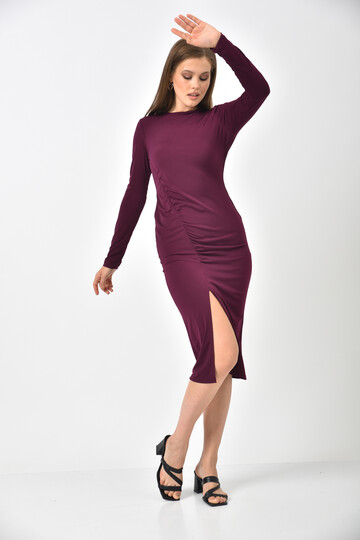 Plum Back Detail Front Pleated and Slit Dress