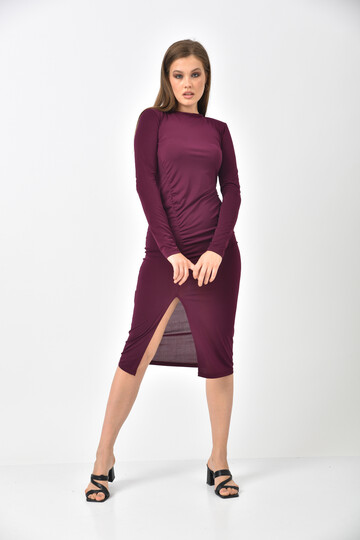 Plum Back Detail Front Pleated and Slit Dress