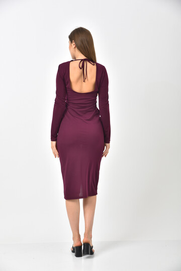 Plum Back Detail Front Pleated and Slit Dress
