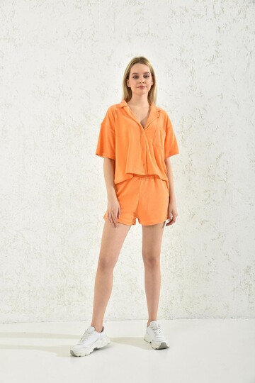 Orange Button and Pocket Detailed Towel Fabric Bottom-Top Set