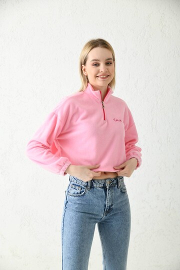 Pembe Fermuar Detay Nakışlı Crop Bluz