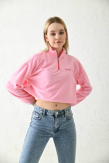 Pembe Fermuar Detay Nakışlı Crop Bluz