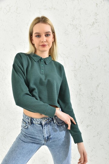 Petrol Polo Neck Crop Blouse