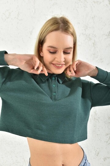 Petrol Polo Neck Crop Blouse
