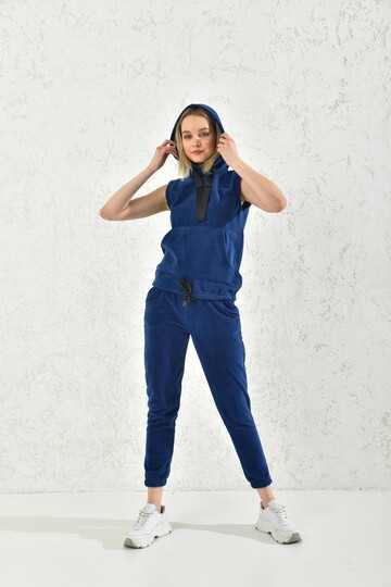 Sax Hooded Kangaroo Pocket Detailed Sleeveless Vest Set
