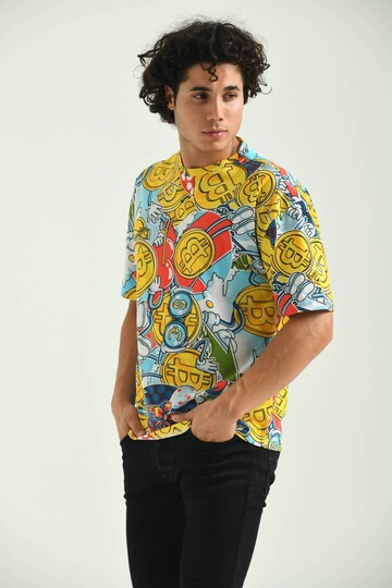 Yellow Round Neck Crypto Patterned T-Shirt