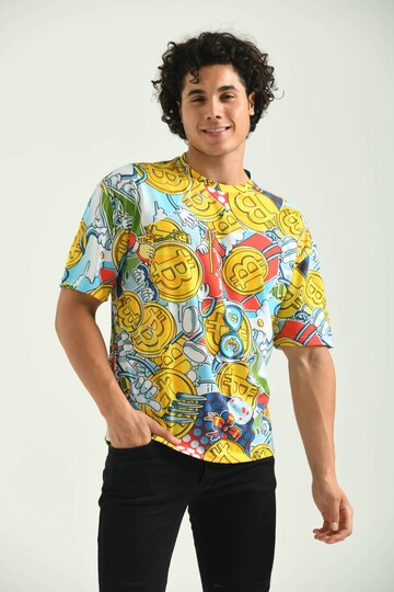 Yellow Round Neck Crypto Patterned T-Shirt