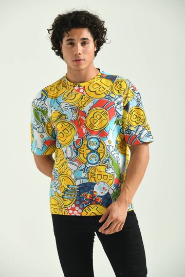 Yellow Round Neck Crypto Patterned T-Shirt