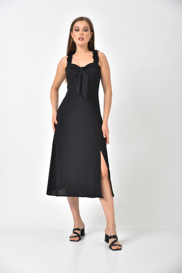 Black Strap Pleated Back Detail Slit Dress