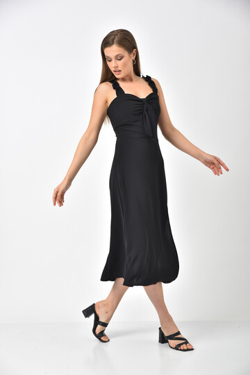 Black Strap Pleated Back Detail Slit Dress