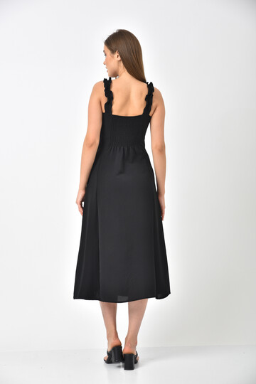 Black Strap Pleated Back Detail Slit Dress