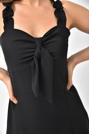 Black Strap Pleated Back Detail Slit Dress