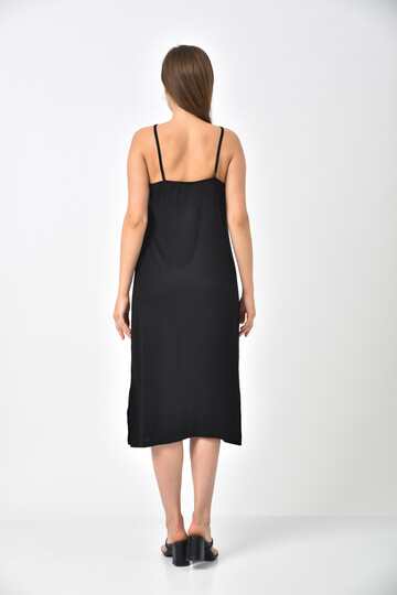 Black Straped Hemline Slit Detailed Dress