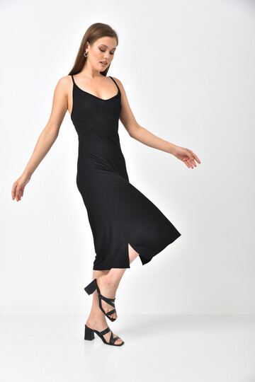 Black Straped Hemline Slit Detailed Dress