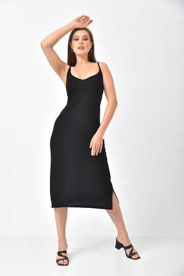 Black Straped Hemline Slit Detailed Dress