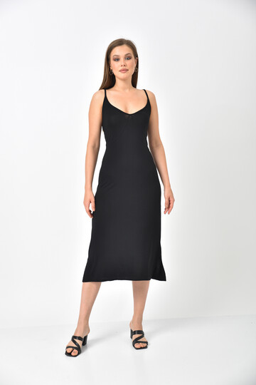 Black Straped Hemline Slit Detailed Dress