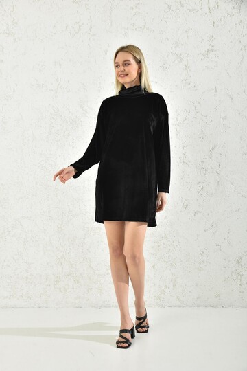 Black Turtleneck Mini Velvet Fabric Dress