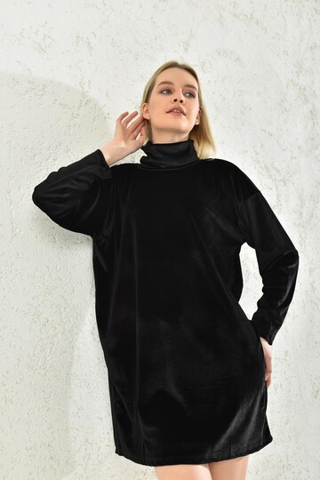 Black Turtleneck Mini Velvet Fabric Dress
