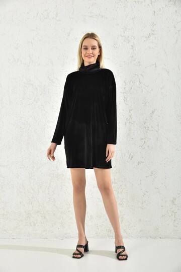 Black Turtleneck Mini Velvet Fabric Dress