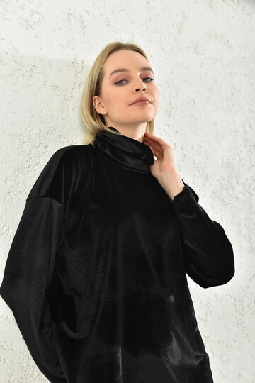 Black Turtleneck Mini Velvet Fabric Dress