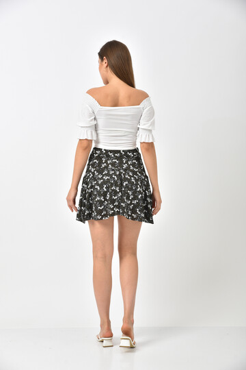 Black Elastic Waist Patterned Short Skirt