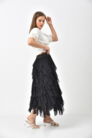 Black Elastic Waist Laser Cut Lined Tulle Skirt