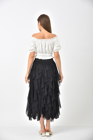 Black Elastic Waist Laser Cut Lined Tulle Skirt