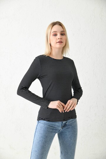 Black Crew Neck Striped Blouse