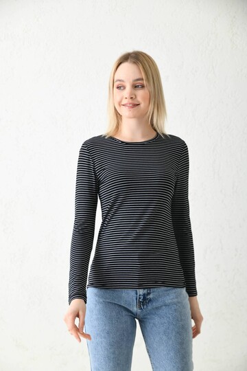 Black Crew Neck Striped Blouse