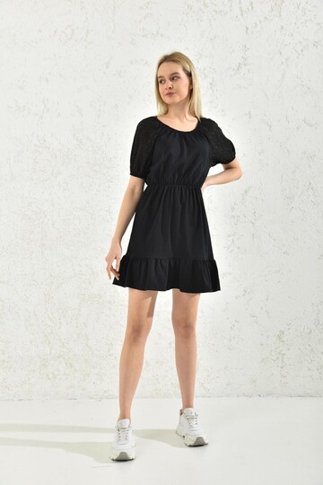 Black Embroidered Pleated Dress