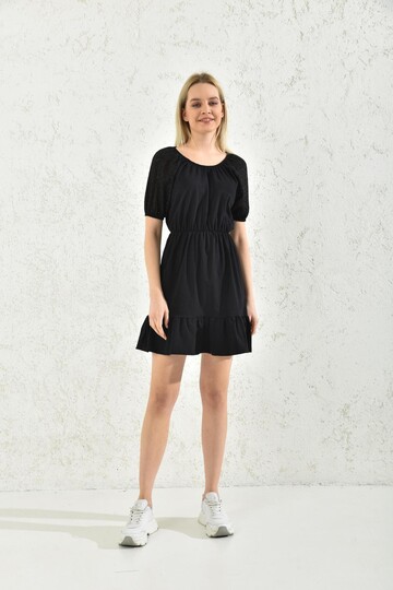 Black Embroidered Pleated Dress