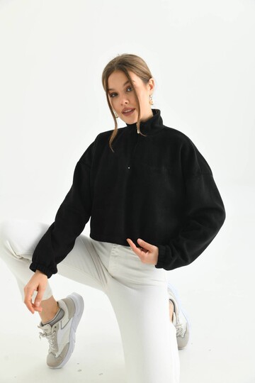 Siyah Fermuar Detay Nakışlı Sweatshirt