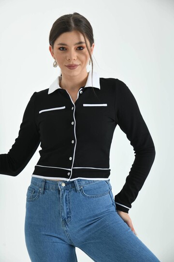 Black Shirt Collar Button Detailed Knitted Blouse
