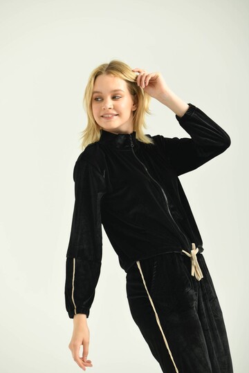 Siyah Kadife Biyeli Fermuarlı Örme Sweatshirt