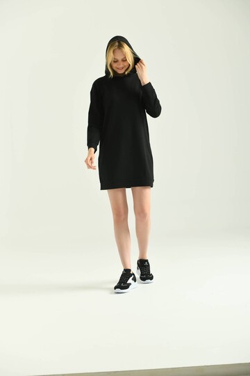 Siyah Kapüşonlu Mini Örme Sweat Elbise