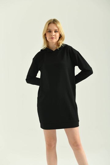 Siyah Kapüşonlu Mini Örme Sweat Elbise