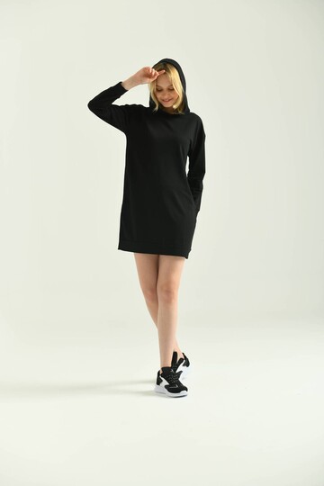 Siyah Kapüşonlu Mini Örme Sweat Elbise