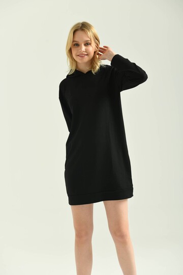 Siyah Kapüşonlu Mini Örme Sweat Elbise