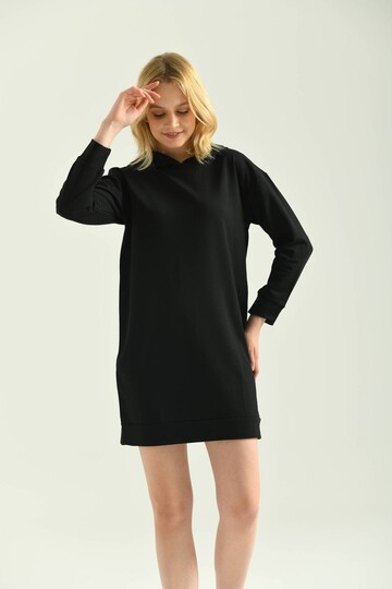 Siyah Kapüşonlu Mini Örme Sweat Elbise