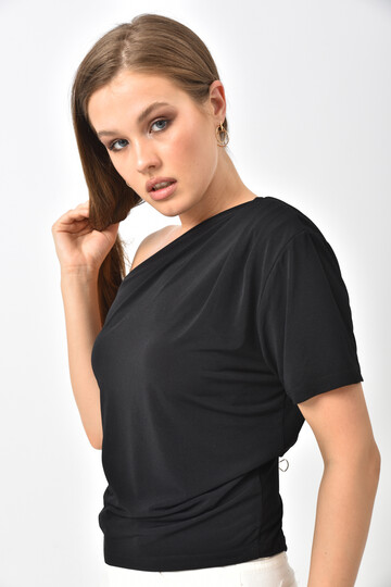 Black Boat Neck One Shoulder Sandy Fabric Blouse